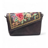 Women's Polyurethane Floral Embroidered Crossbody Sling Bag with Adjustable & Removable Strap (Coffee)