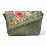 Women's Polyurethane Floral Embroidered Crossbody Sling Bag with Adjustable & Removable Strap (Green)