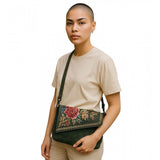 Women's Polyurethane Floral Embroidered Crossbody Sling Bag with Adjustable & Removable Strap (Green)