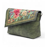 Women's Polyurethane Floral Embroidered Crossbody Sling Bag with Adjustable & Removable Strap (Green)