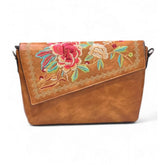 { "alt_text": "Tan polyurethane crossbody sling bag with floral embroidery, adjustable strap, women's fashion accessory" }