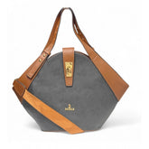 { "alt_text": "Charcoal grey polyurethane floral printed hexagonal satchel handbag for women, adjustable strap, fashion accessory" }