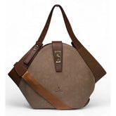 { "alt_text": "Brown polyurethane floral printed hexagonal satchel handbag for women, adjustable strap, fashion accessory" }