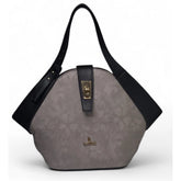 { "alt_text": "Grey polyurethane floral printed hexagonal satchel handbag for women, adjustable strap, fashion accessory" }