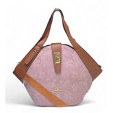 { "alt_text": "Pink polyurethane floral printed hexagonal satchel handbag, adjustable strap, women's fashion accessory" }