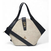 { "alt_text": "White polyurethane floral printed hexagonal satchel handbag, adjustable strap, women's fashion accessory" }