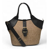 { "alt_text": "Beige polyurethane textured tote handbag for women, two-tone shoulder bag with adjustable strap" }