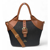 { "alt_text": "Black-tan polyurethane tote handbag, textured two-tone shoulder bag with adjustable strap, women's fashion accessory" }