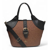 { "alt_text": "Brown polyurethane textured tote handbag for women, two-tone shoulder bag with adjustable strap" }