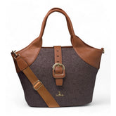 { "alt_text": "Dark brown polyurethane textured tote handbag for women, two-tone shoulder bag with adjustable strap" }