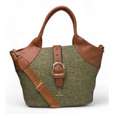 { "alt_text": "Green polyurethane textured tote handbag for women, two-tone shoulder bag with adjustable strap" }
