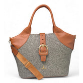 { "alt_text": "Grey polyurethane textured tote handbag for women, two-tone shoulder bag with adjustable strap, stylish daily carry" }