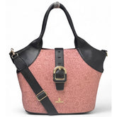 { "alt_text": "Pink polyurethane textured tote handbag for women, two-tone shoulder bag with adjustable strap" }