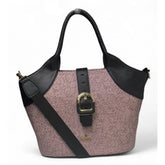 { "alt_text": "Purple polyurethane textured tote handbag for women, two-tone shoulder bag with adjustable strap" }
