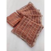 { "alt_text": "Brown embellished saree with unstitched blouse, 5.5mtr, Jimmy Choo ethnic wear for women" }