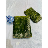 { "alt_text": "Mehendi-Green embellished saree with unstitched blouse, 5.5Mtr, Jimmy Choo ethnic wear, bridal fashion" }