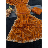 { "alt_text": "Orange embellished saree with unstitched blouse, 5.5mtr, Jimmy Choo ethnic wear, Indian occasion outfit" }