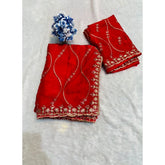 { "alt_text": "Red embellished saree with unstitched blouse, 5.5mtr, Jimmy Choo ethnic wear, Indian occasion wear" }