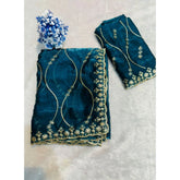 { "alt_text": "Teal embellished saree with unstitched blouse, 5.5mtr, Jimmy Choo ethnic wear, Indian occasion outfit" }