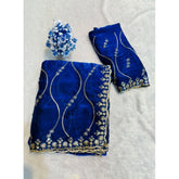 { "alt_text": "Royal Blue embellished saree with unstitched blouse, 5.5Mtr, Jimmy Choo ethnic wear for wedding occasion" }