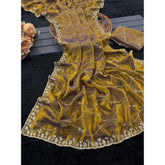 { "alt_text": "Mustard-yellow embellished saree with unstitched blouse, 5.5mtr designer ethnic wear for women" }