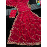 { "alt_text": "Pink embellished saree with unstitched blouse, 5.5mtr, Jimmy Choo ethnic wear, Indian occasion outfit" }