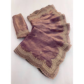{ "alt_text": "Lavender satin embellished saree with unstitched blouse, 5.5 meter ethnic wear, Indian occasion outfit" }
