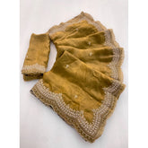 { "alt_text": "Olive-green satin embellished saree with unstitched blouse, 5.5 meter ethnic wear, Indian traditional clothing" }