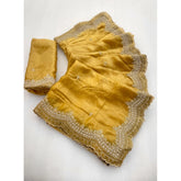 { "alt_text": "Mustard-yellow satin embellished saree with unstitched blouse, 5.5m, traditional Indian ethnic wear" }