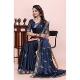 { "alt_text": "Navy blue georgette embroidered saree with unstitched blouse, elegant ethnic wear, Indian fashion" }
