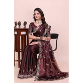 { "alt_text": "Wine georgette embroidered saree with unstitched blouse, 5.5 meter ethnic wear for women" }