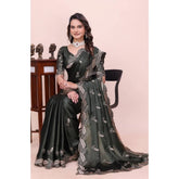 { "alt_text": "Charcoal green georgette embroidered saree with unstitched blouse, 5.5 meter ethnic wear, Indian fashion" }