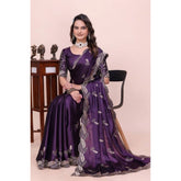 { "alt_text": "Purple georgette embroidered saree with unstitched blouse, 5.5 meter ethnic wear, Indian occasion outfit" }