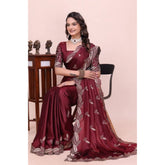 { "alt_text": "Maroon georgette embroidered saree with unstitched blouse, 5.5 meter ethnic wear, Indian occasion outfit" }