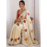 { "alt_text": "Beige georgette saree with embellishment, unstitched blouse, 5.5 meter ethnic wear for women" }