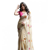 { "alt_text": "Cream-pink georgette saree with embellishment, unstitched blouse, 5.5m saree for women's ethnic wear" }