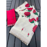 Women's Georgette Embellished Saree With Unstitched Blouse 5.5Mtr�(Cream-Red)
