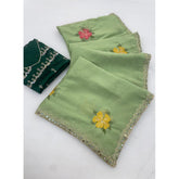 { "alt_text": "Light green georgette saree with embellishment, unstitched blouse, 5.5 meter ethnic wear for women" }