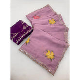 { "alt_text": "Lavender georgette saree with embellishment, unstitched blouse, 5.5 meter ethnic wear for women" }