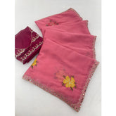 { "alt_text": "Pink georgette saree with embellishment, unstitched blouse, 5.5 meter ethnic wear for women" }