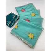 { "alt_text": "Aqua blue georgette saree with embellishment, unstitched blouse, 5.5 meter ethnic wear for women" }