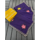 { "alt_text": "Purple georgette saree with embellishment, unstitched blouse, 5.5 meter ethnic wear for women" }