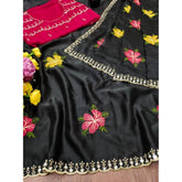 { "alt_text": "Black georgette saree with embellishment, unstitched blouse, 5.5 meter ethnic wear for women" }
