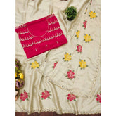 { "alt_text": "Cream georgette saree with embellishment, unstitched blouse, 5.5 meter ethnic wear for women" }