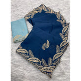 { "alt_text": "Blue chiffon embroidered saree with unstitched blouse, 5.5 meter ethnic wear, Indian occasion outfit" }
