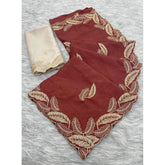 { "alt_text": "Maroon chiffon embroidered saree with unstitched blouse, 5.5 meter ethnic wear, Indian occasion outfit" }