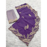 { "alt_text": "Purple chiffon embroidered saree with unstitched blouse, 5.5 meter ethnic wear, Indian occasion outfit" }