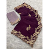 { "alt_text": "Magenta chiffon embroidered saree with unstitched blouse, 5.5 meter ethnic wear, Indian occasion outfit" }