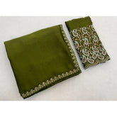 { "alt_text": "Olive green chiffon embroidered saree with unstitched blouse, 5.5 meter ethnic wear, Indian fashion" }