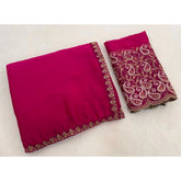 { "alt_text": "Magenta chiffon embroidered saree with unstitched blouse, 5.5 meter ethnic wear, Indian occasion outfit" }